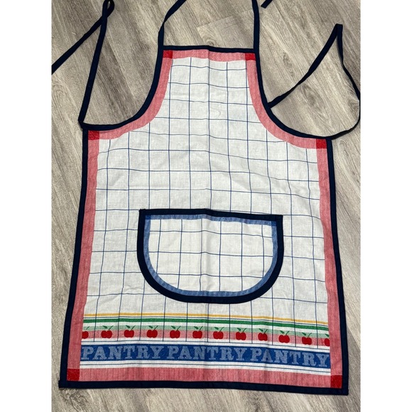 Other - Vintage Pantry Kitchen Apron Red Apple Cherry Blue Gingham Pocket Baking Cooking